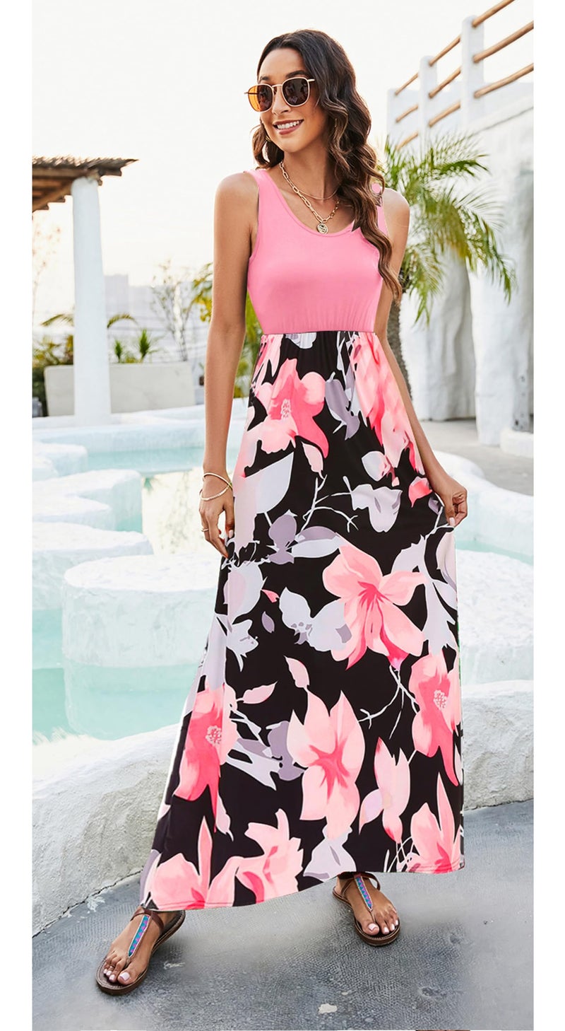 Bluetime Women's Summer Boho Sleeveless Floral Print Tank Long Maxi Dress (Pink, XXXL) - Image 2
